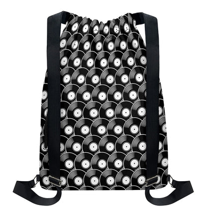 Black Vinyl Record Pattern Print Drawstring Backpack