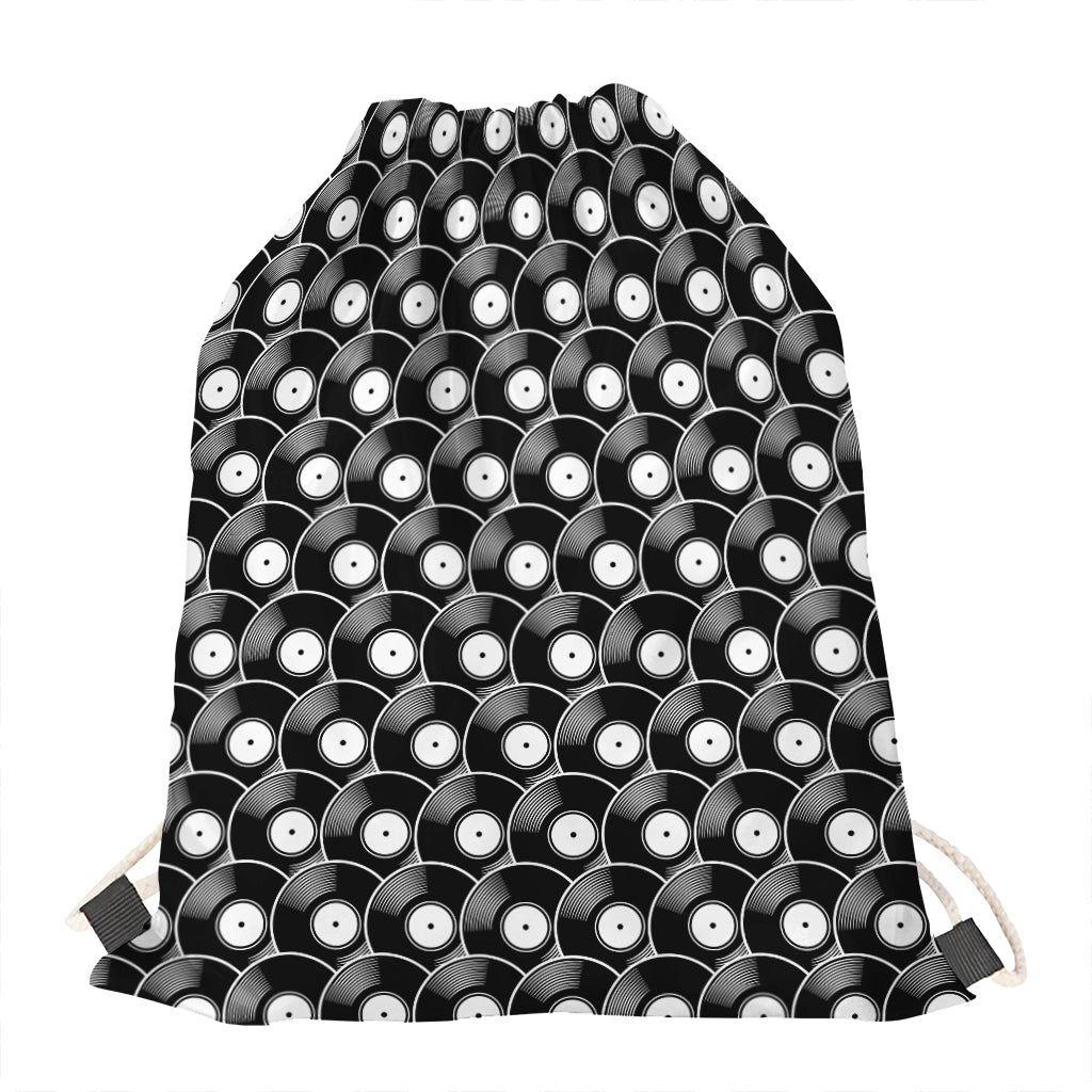 Black Vinyl Record Pattern Print Drawstring Bag