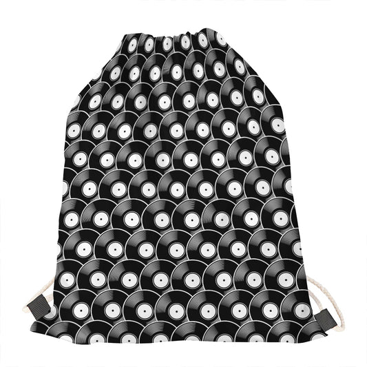 Black Vinyl Record Pattern Print Drawstring Bag
