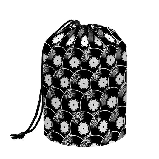 Black Vinyl Record Pattern Print Drawstring Makeup Bag