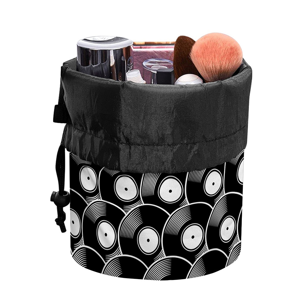 Black Vinyl Record Pattern Print Drawstring Makeup Bag