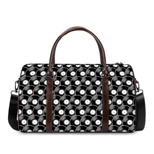 Black Vinyl Record Pattern Print Duffle Bag