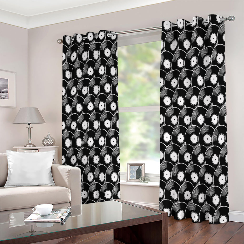 Black Vinyl Record Pattern Print Extra Wide Grommet Curtains