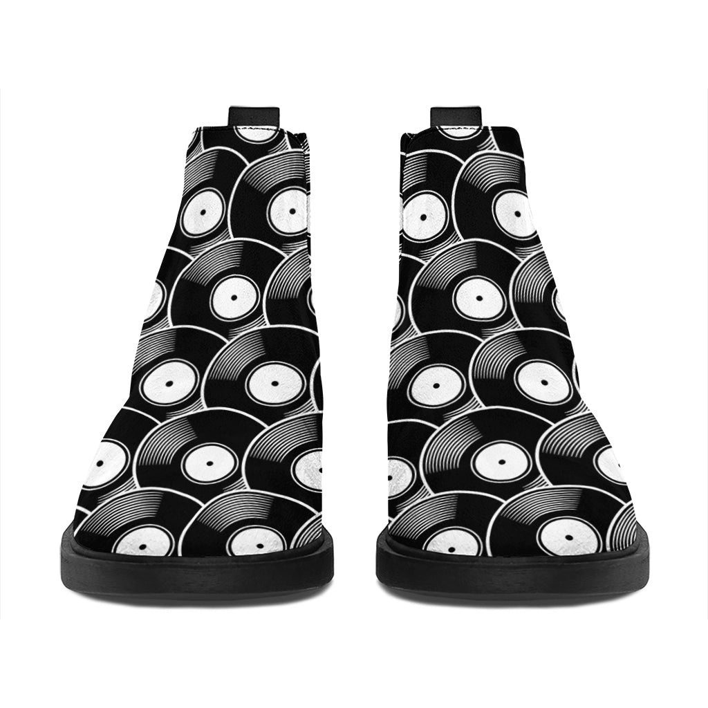 Black Vinyl Record Pattern Print Flat Ankle Boots