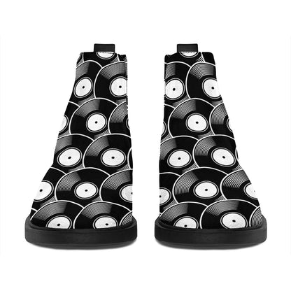 Black Vinyl Record Pattern Print Flat Ankle Boots