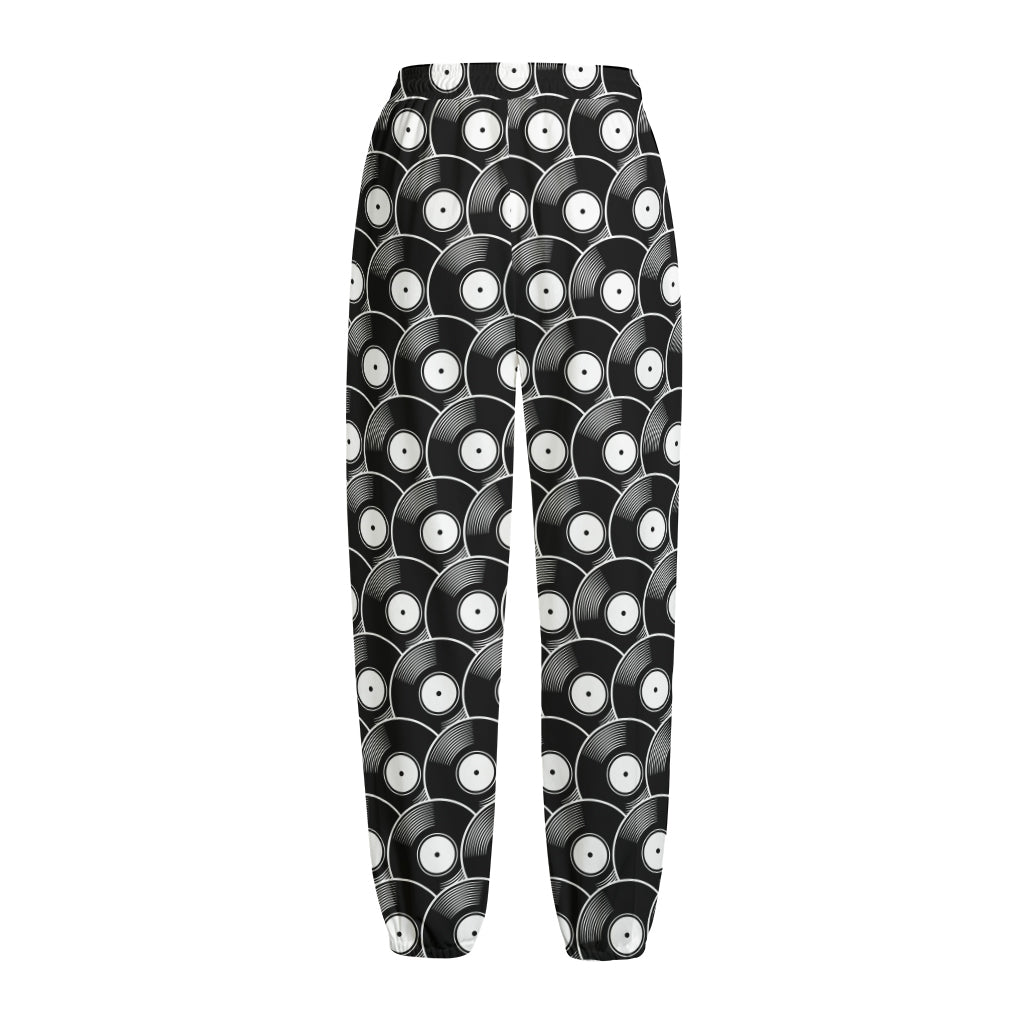 Black Vinyl Record Pattern Print Fleece Lined Knit Pants