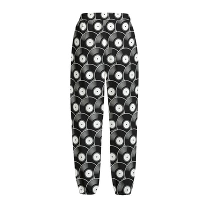 Black Vinyl Record Pattern Print Fleece Lined Knit Pants