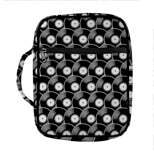 Black Vinyl Record Pattern Print Front Pocket Bible Bag