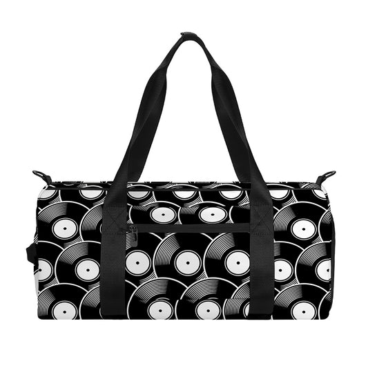 Black Vinyl Record Pattern Print Gym Bag
