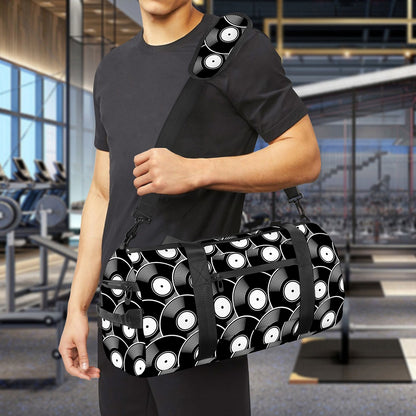 Black Vinyl Record Pattern Print Gym Bag