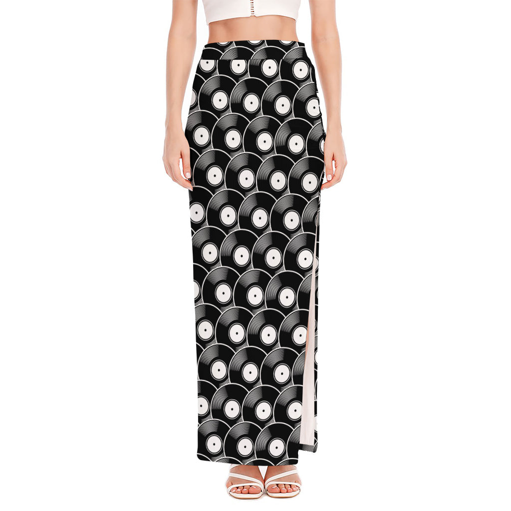 Black Vinyl Record Pattern Print High Slit Maxi Skirt