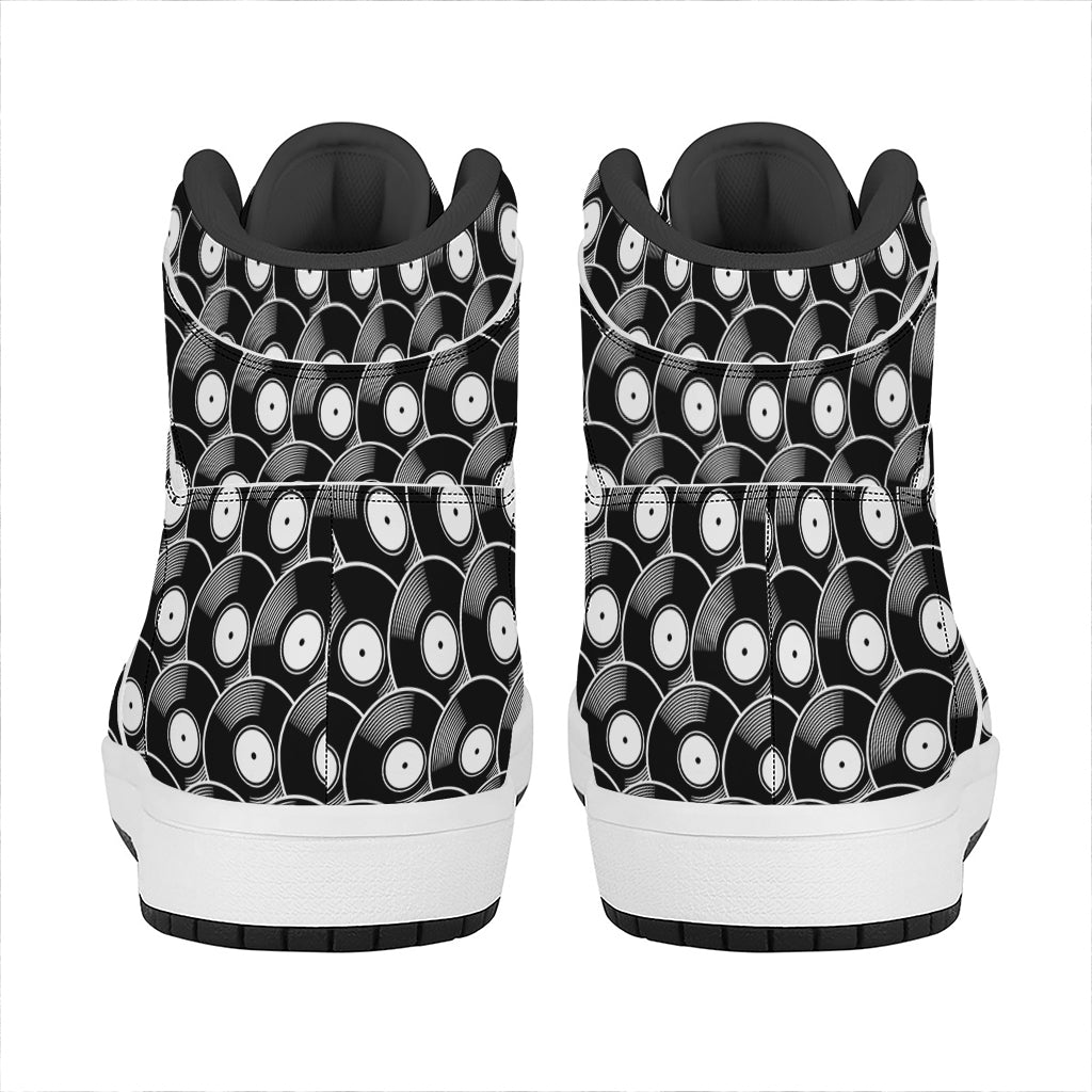 Black Vinyl Record Pattern Print High Top Leather Sneakers