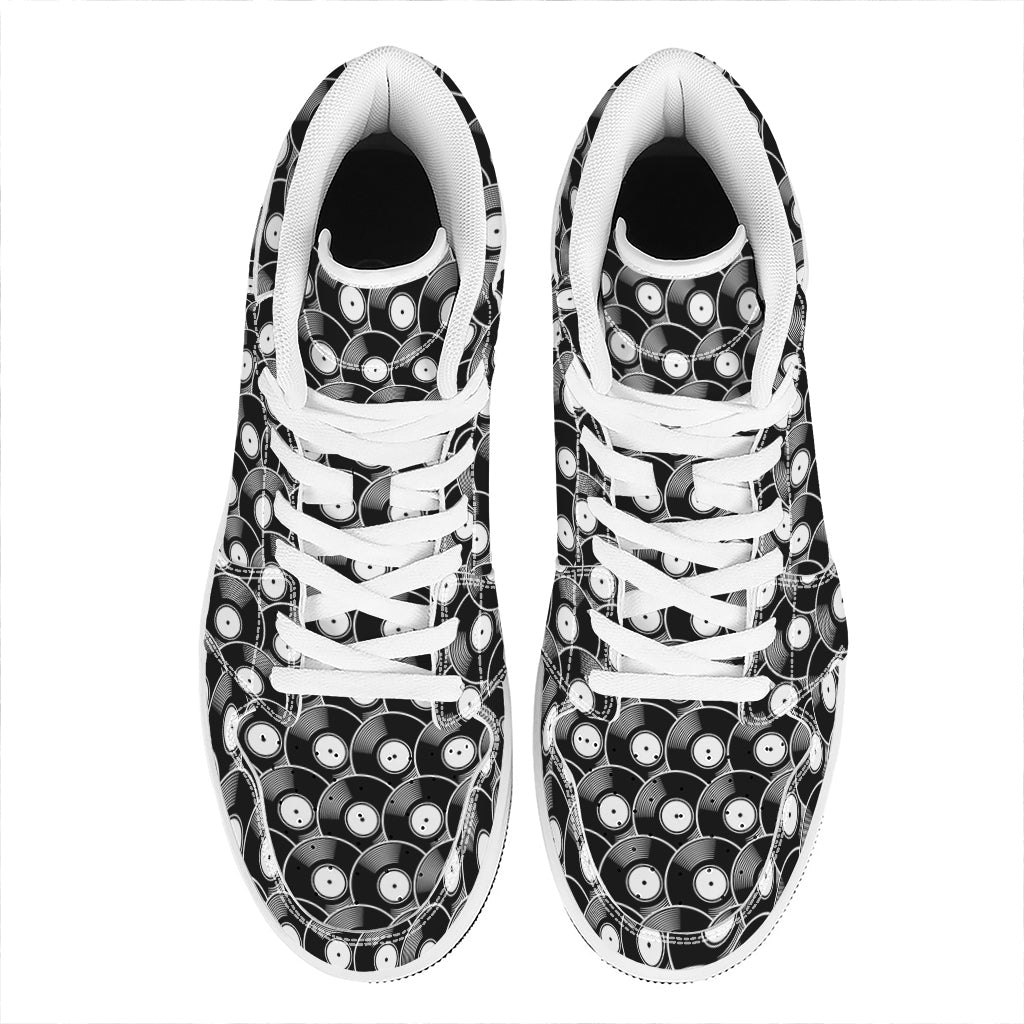 Black Vinyl Record Pattern Print High Top Leather Sneakers