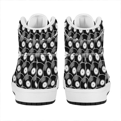 Black Vinyl Record Pattern Print High Top Leather Sneakers