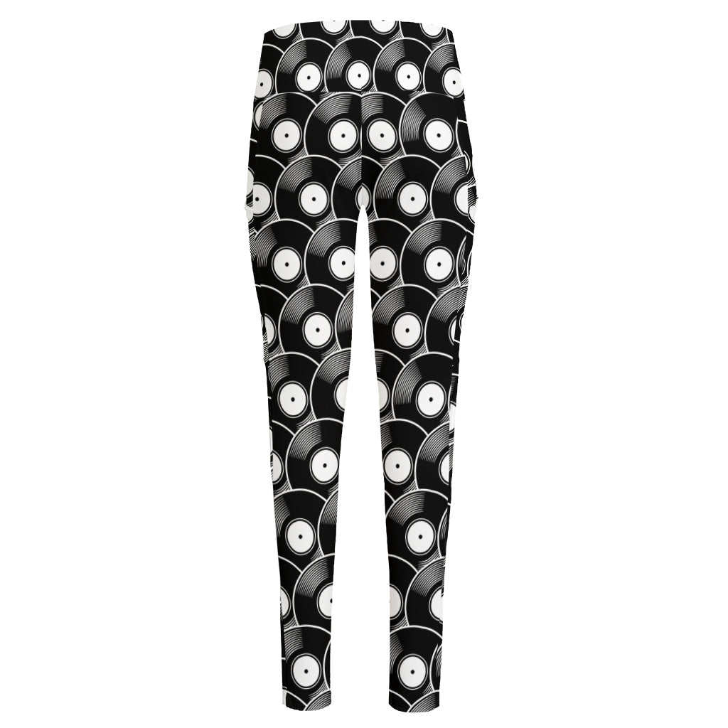 Black Vinyl Record Pattern Print High-Waisted Pocket Leggings