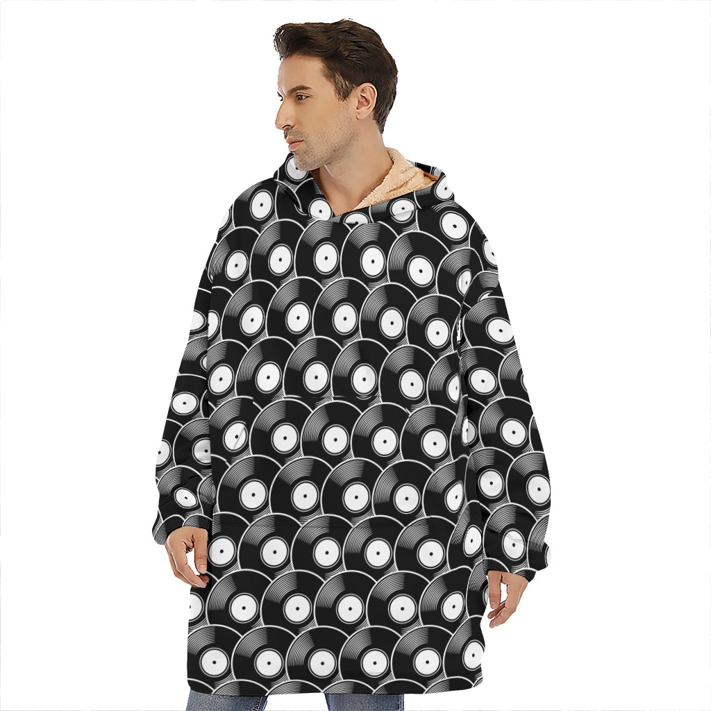 Black Vinyl Record Pattern Print Hoodie Blanket