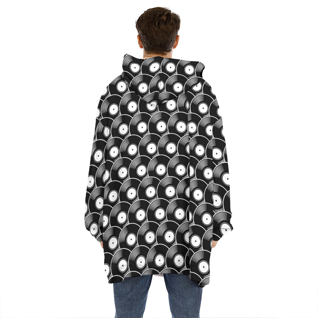 Black Vinyl Record Pattern Print Hoodie Blanket