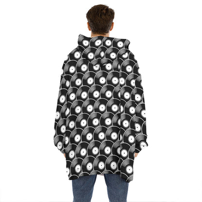Black Vinyl Record Pattern Print Hoodie Blanket