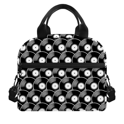 Black Vinyl Record Pattern Print Insulated Lunch Bag