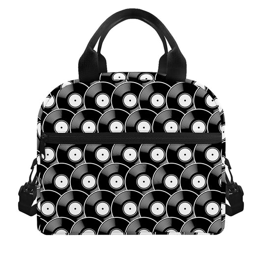 Black Vinyl Record Pattern Print Insulated Lunch Bag