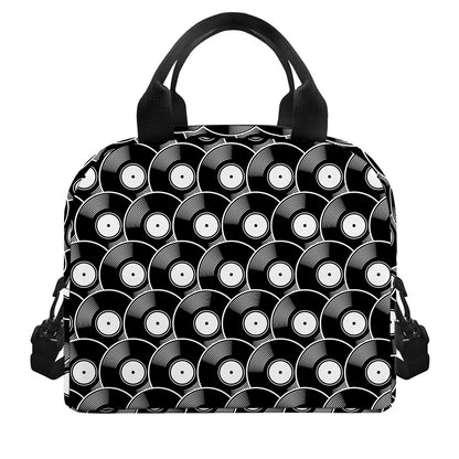 Black Vinyl Record Pattern Print Insulated Lunch Bag