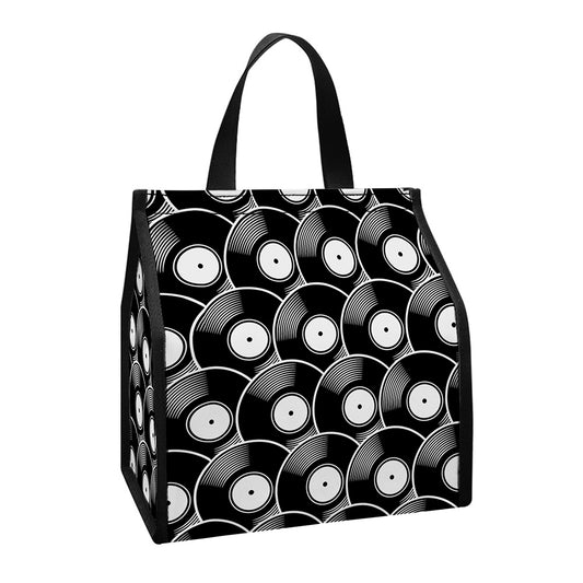 Black Vinyl Record Pattern Print Insulated Lunch Tote