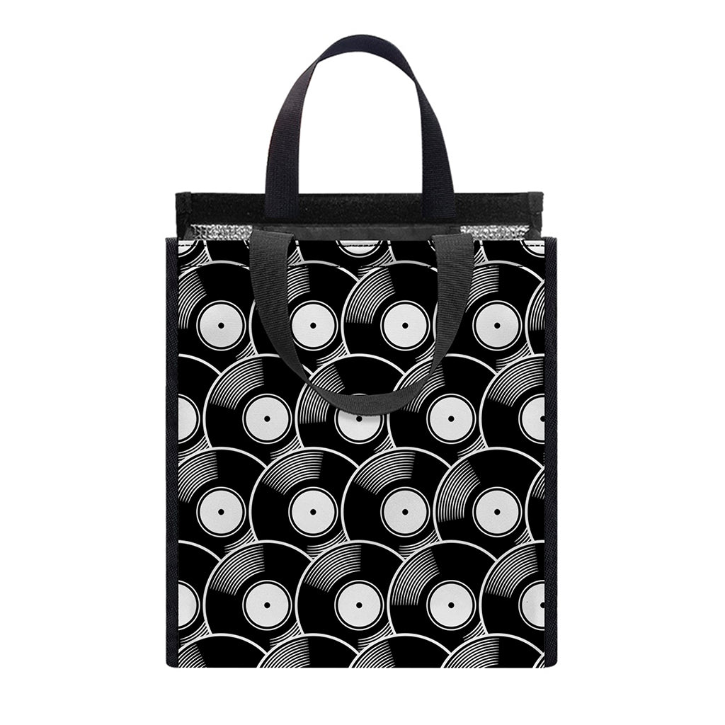 Black Vinyl Record Pattern Print Insulated Lunch Tote