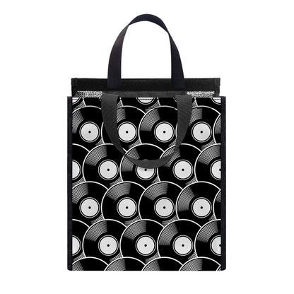 Black Vinyl Record Pattern Print Insulated Lunch Tote