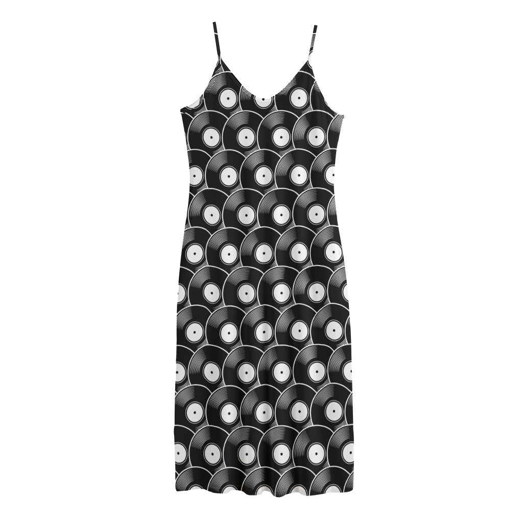 Black Vinyl Record Pattern Print Jersey Midi Cami Dress