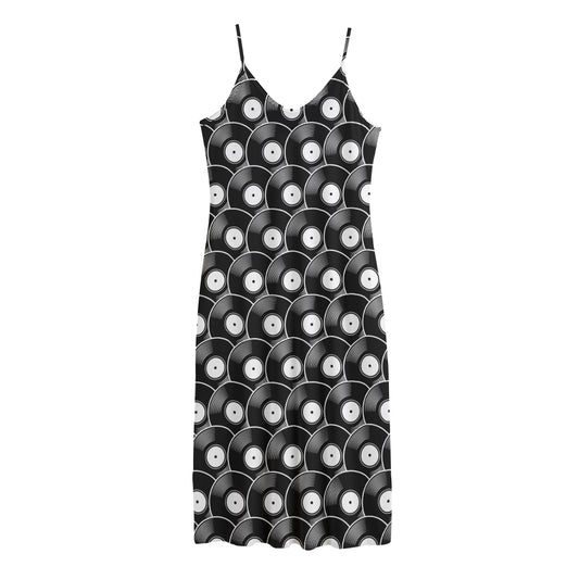 Black Vinyl Record Pattern Print Jersey Midi Cami Dress