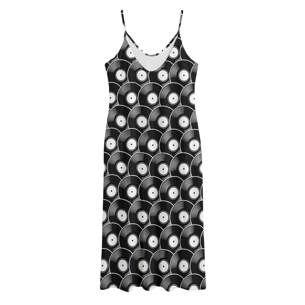 Black Vinyl Record Pattern Print Jersey Midi Cami Dress
