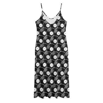 Black Vinyl Record Pattern Print Jersey Midi Cami Dress