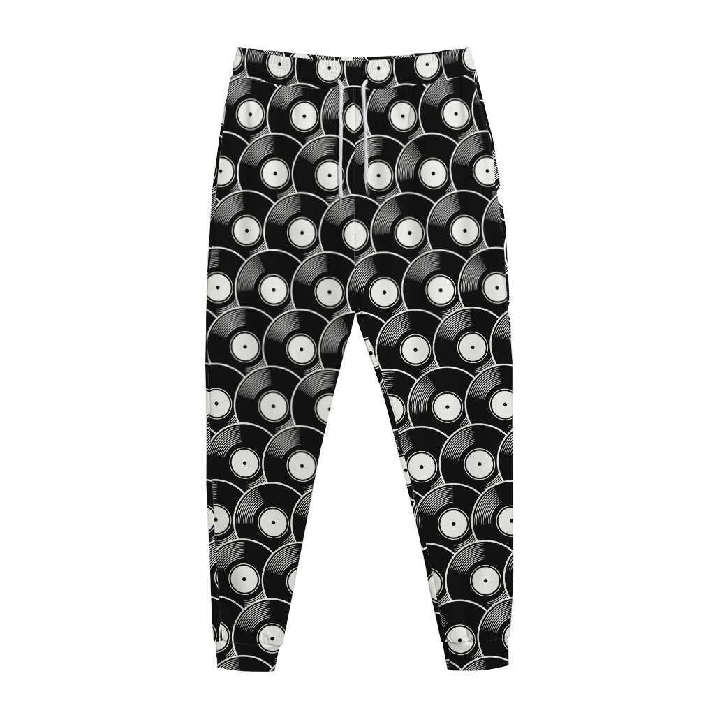 Black Vinyl Record Pattern Print Jogger Pants