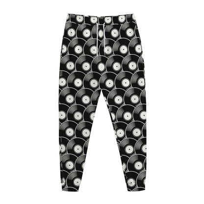 Black Vinyl Record Pattern Print Jogger Pants