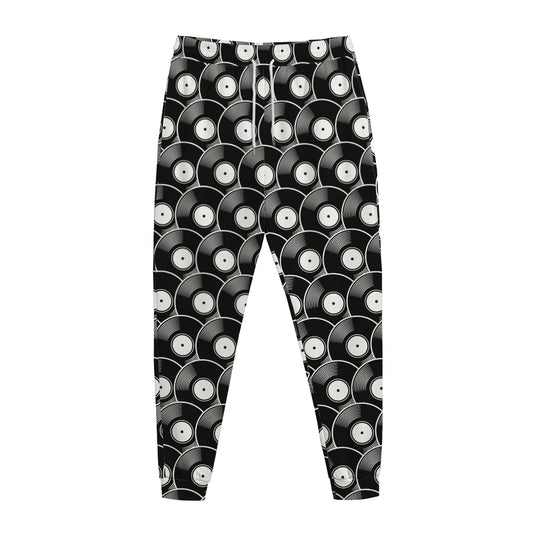 Black Vinyl Record Pattern Print Jogger Pants