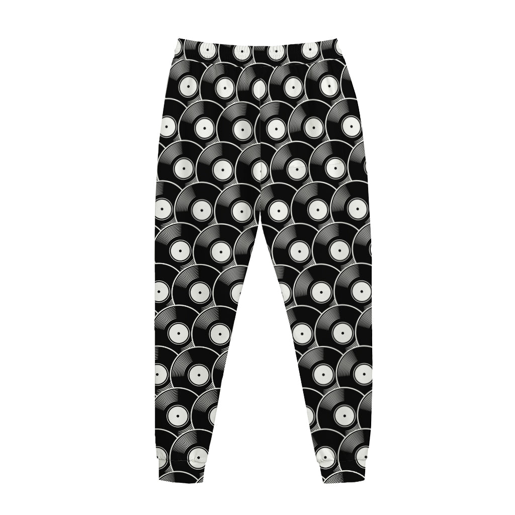 Black Vinyl Record Pattern Print Jogger Pants