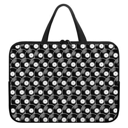 Black Vinyl Record Pattern Print Laptop Sleeve With Handle