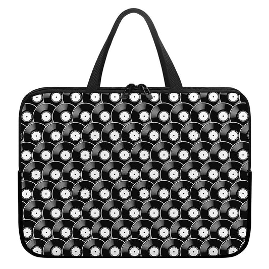 Black Vinyl Record Pattern Print Laptop Sleeve With Handle