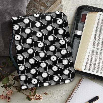 Black Vinyl Record Pattern Print Leather Bible Cover
