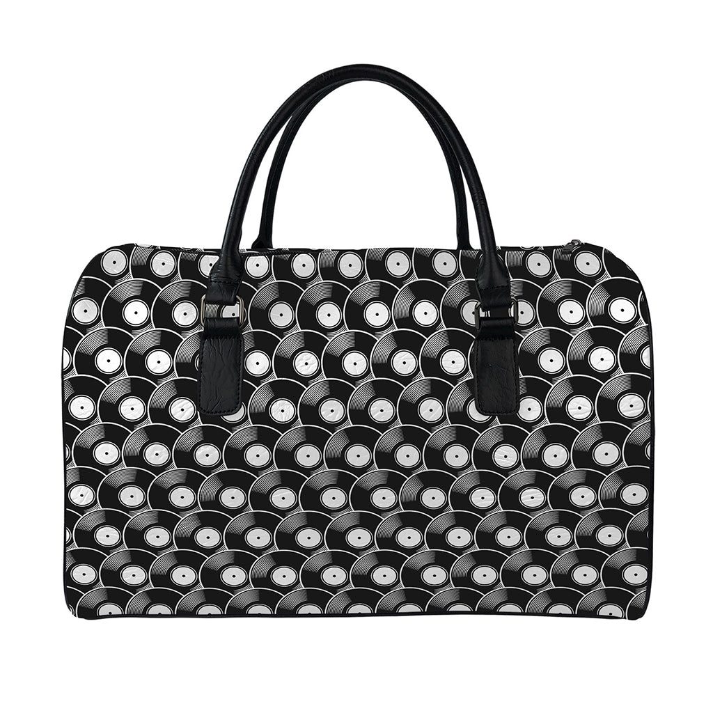 Black Vinyl Record Pattern Print Leather Duffle Bag