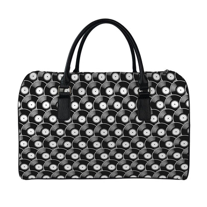 Black Vinyl Record Pattern Print Leather Duffle Bag