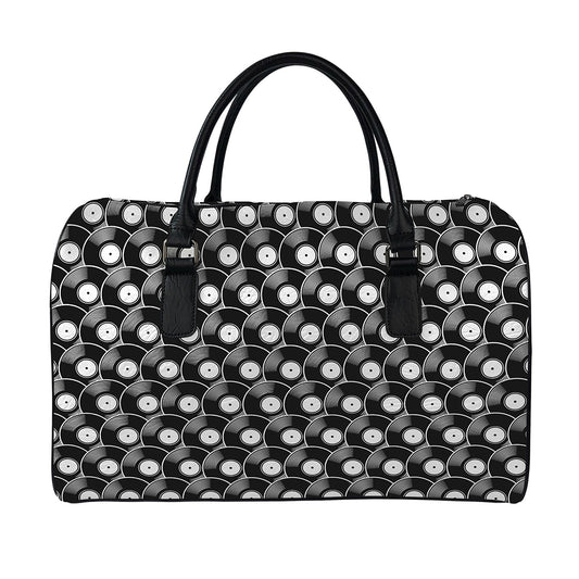 Black Vinyl Record Pattern Print Leather Duffle Bag
