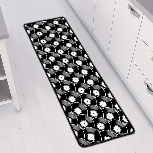 Black Vinyl Record Pattern Print Long Kitchen Mat