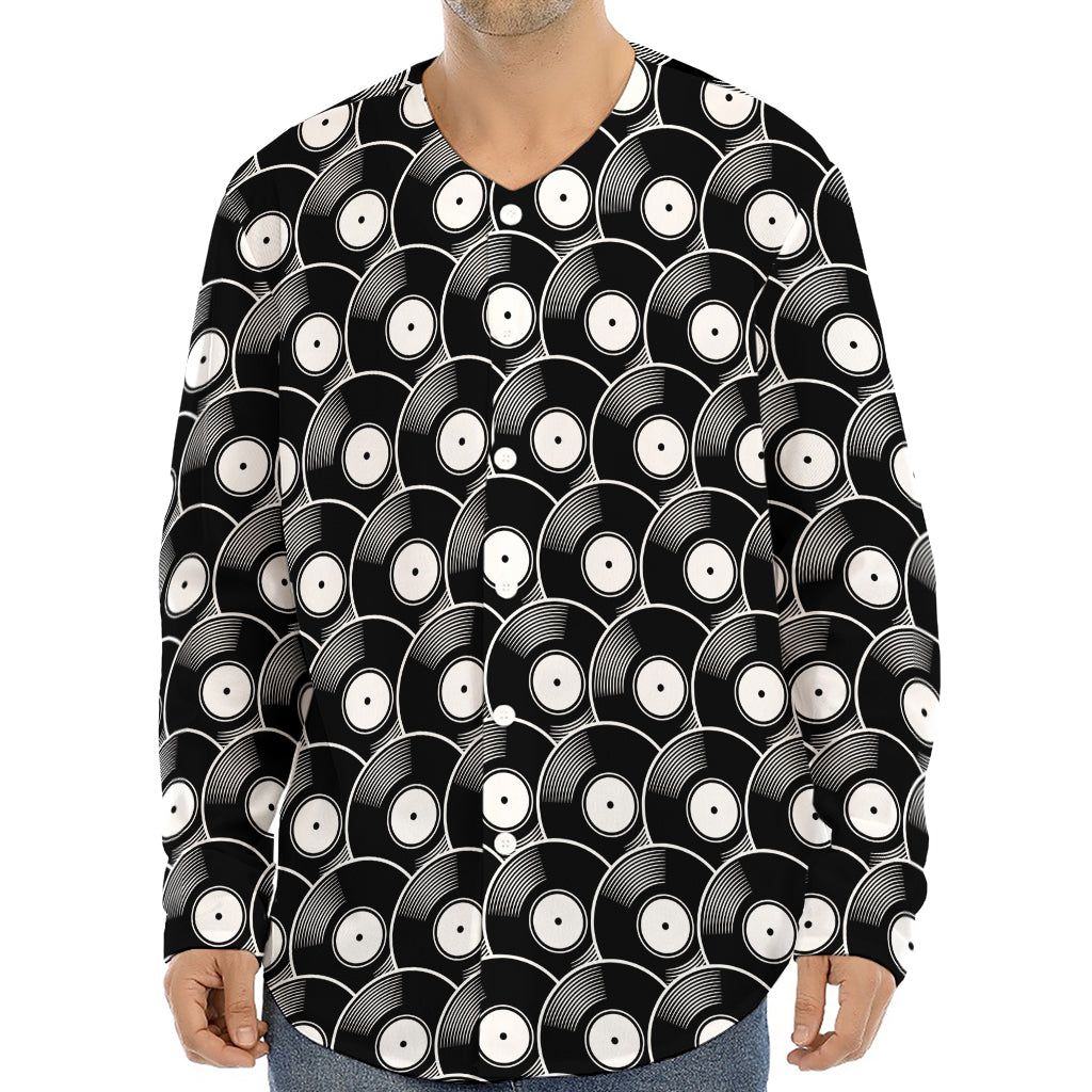 Black Vinyl Record Pattern Print Long Sleeve Baseball Jersey