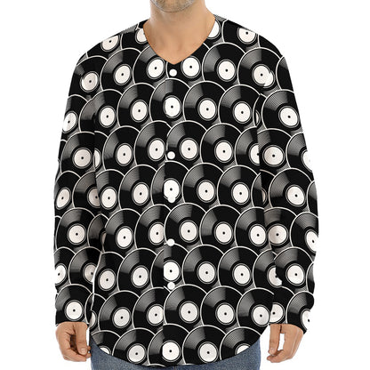 Black Vinyl Record Pattern Print Long Sleeve Baseball Jersey