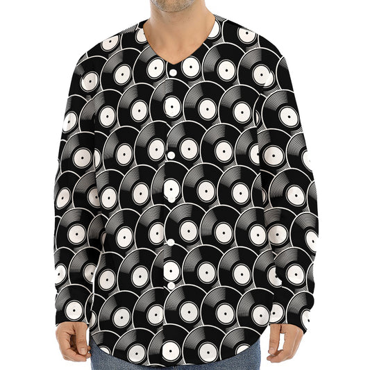 Black Vinyl Record Pattern Print Long Sleeve Baseball Jersey