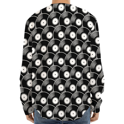 Black Vinyl Record Pattern Print Long Sleeve Baseball Jersey