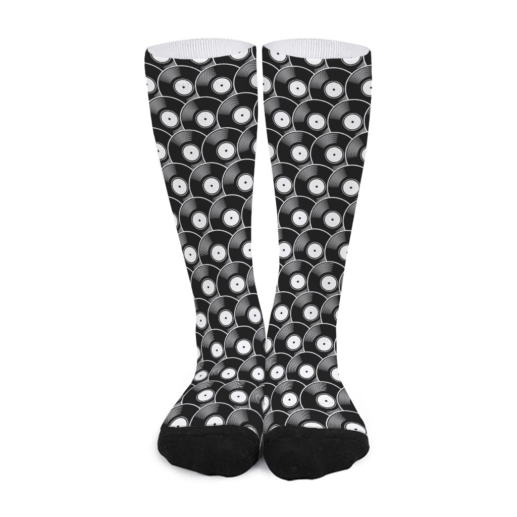 Black Vinyl Record Pattern Print Long Socks
