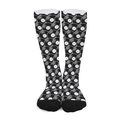Black Vinyl Record Pattern Print Long Socks