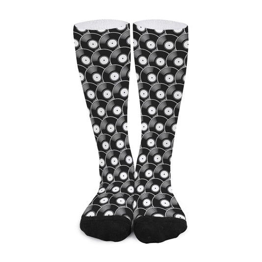 Black Vinyl Record Pattern Print Long Socks